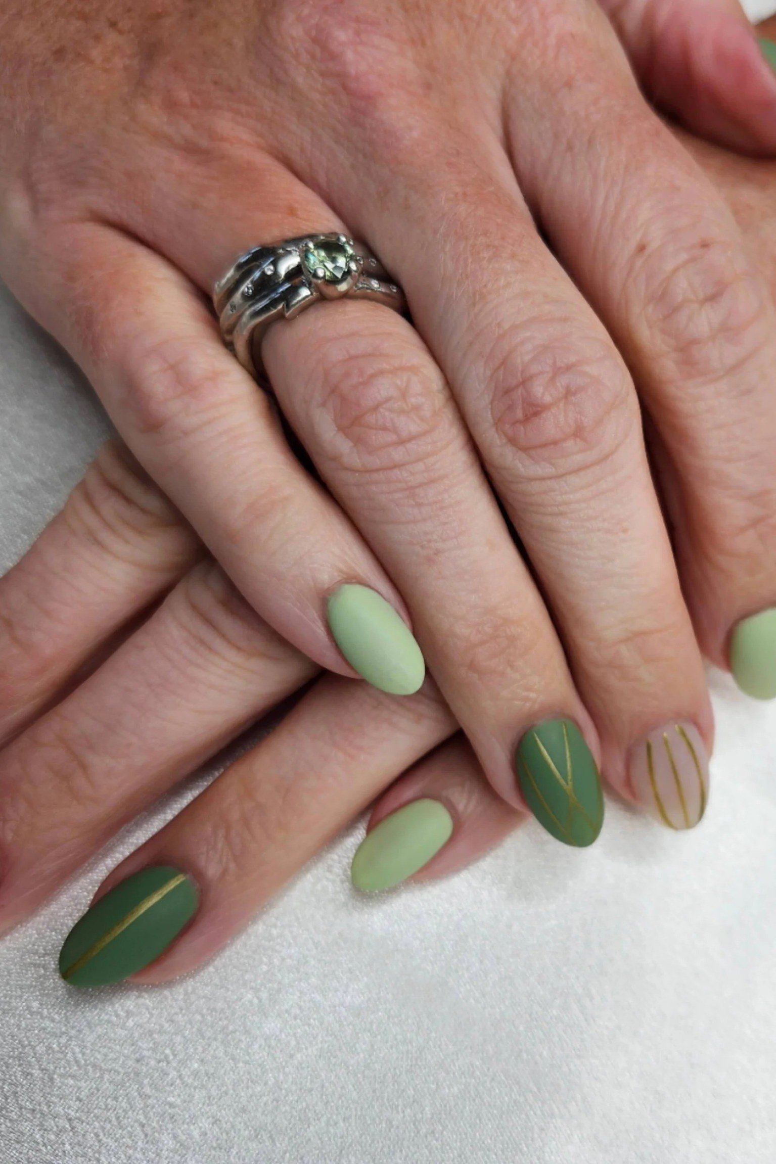 Sage and Olive Mixed Nails - timeless winter nail color for women over 60