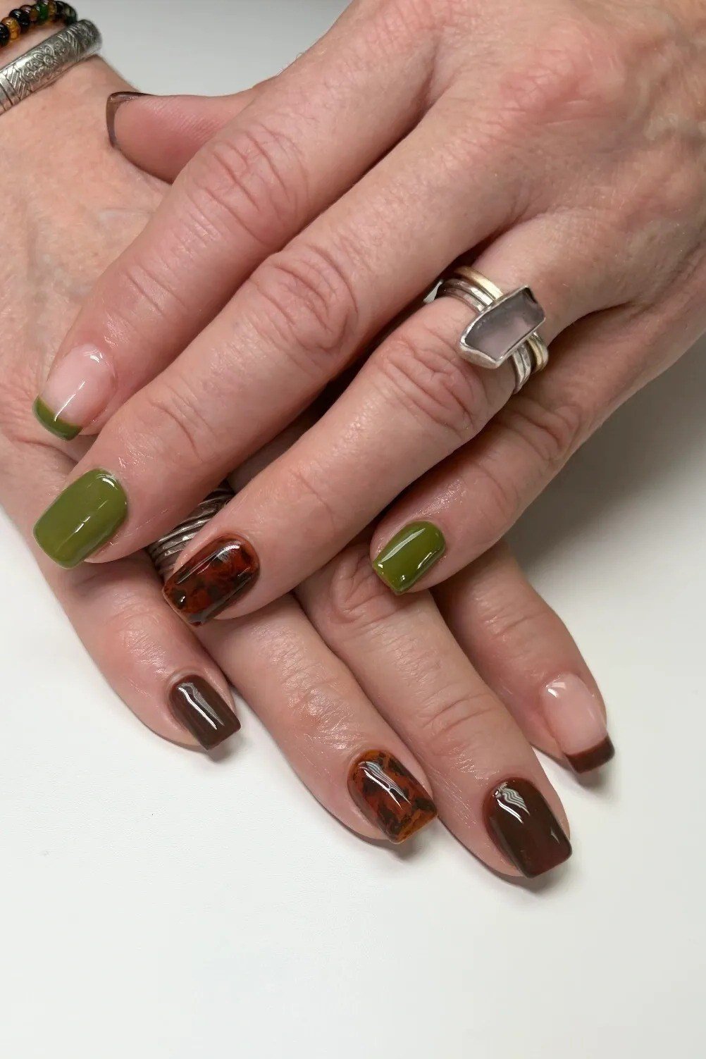 Olive Green and Brown Two Tone Nails - timeless winter nail color for women over 60