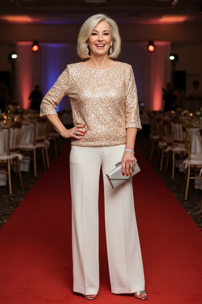 Woman in champagne sequin top with white wide-leg pants on red carpet, fresh New Year's Eve outfit for women over 60