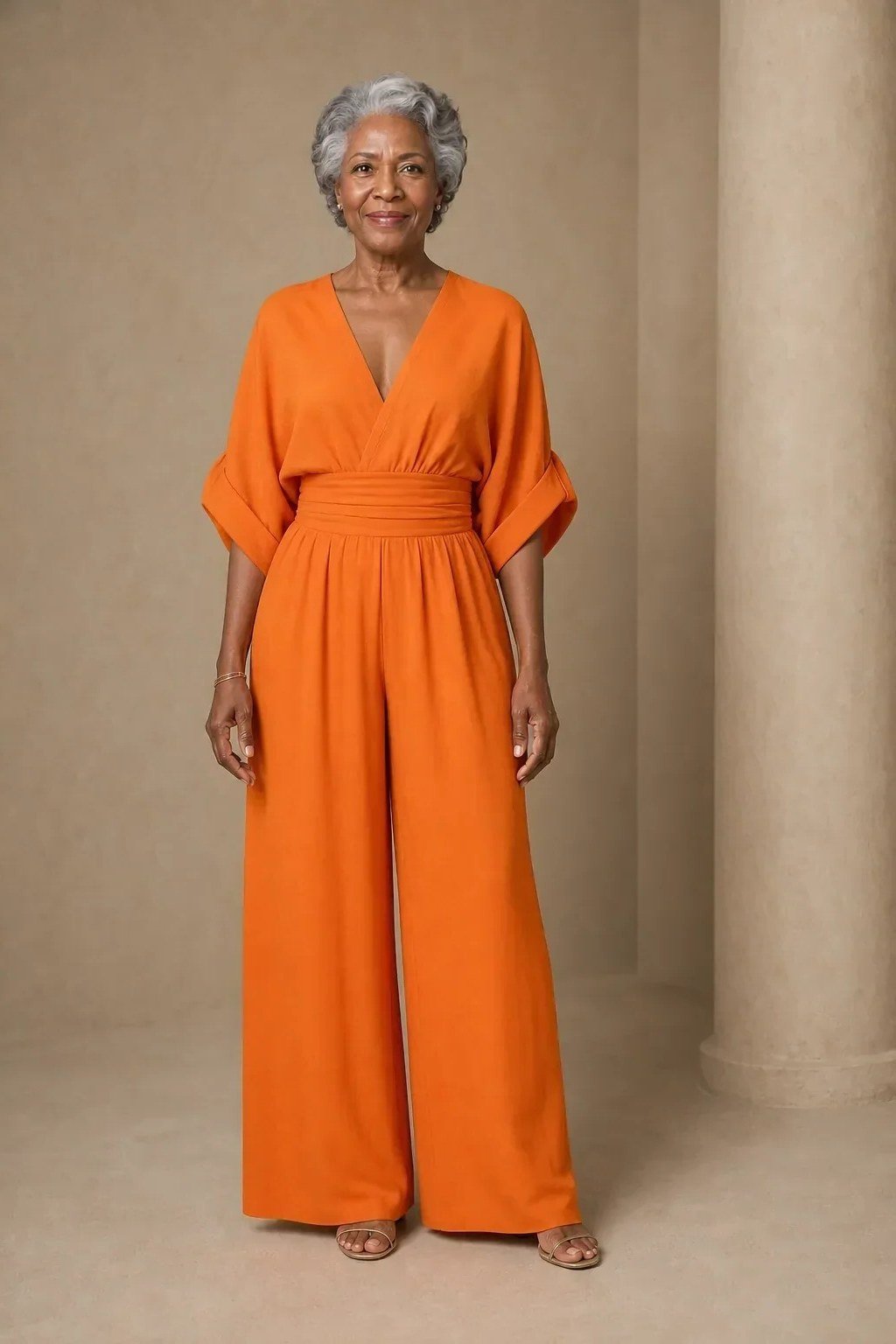 Woman in burnt-orange wide-leg jumpsuit full body, bold New Year's Eve jumpsuit for women over 60