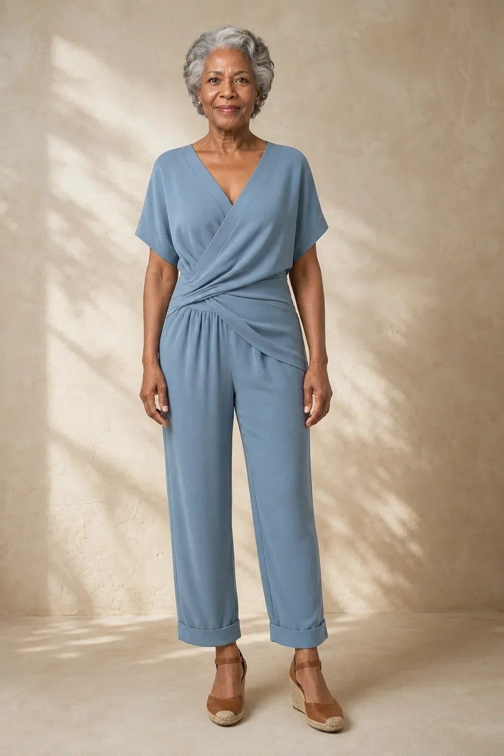 Woman in dusty-blue wrap jumpsuit full body, soft New Year's Eve jumpsuit for women over 60