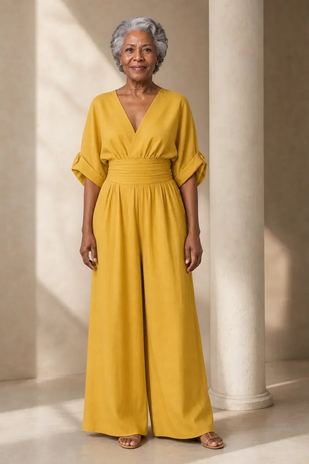 Woman in mustard-yellow wide-leg jumpsuit full body, joyful New Year's Eve jumpsuit for women over 60