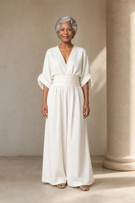 Woman in white wrap jumpsuit full body, crisp New Year's Eve jumpsuit for women over 60