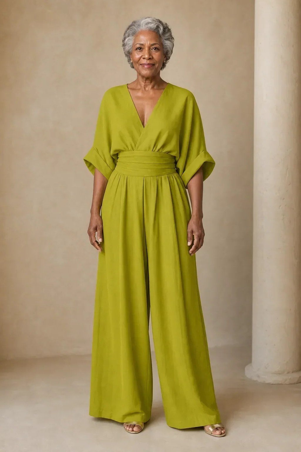 Woman in lime-green wide-leg jumpsuit full body, fearless New Year's Eve jumpsuit for women over 60