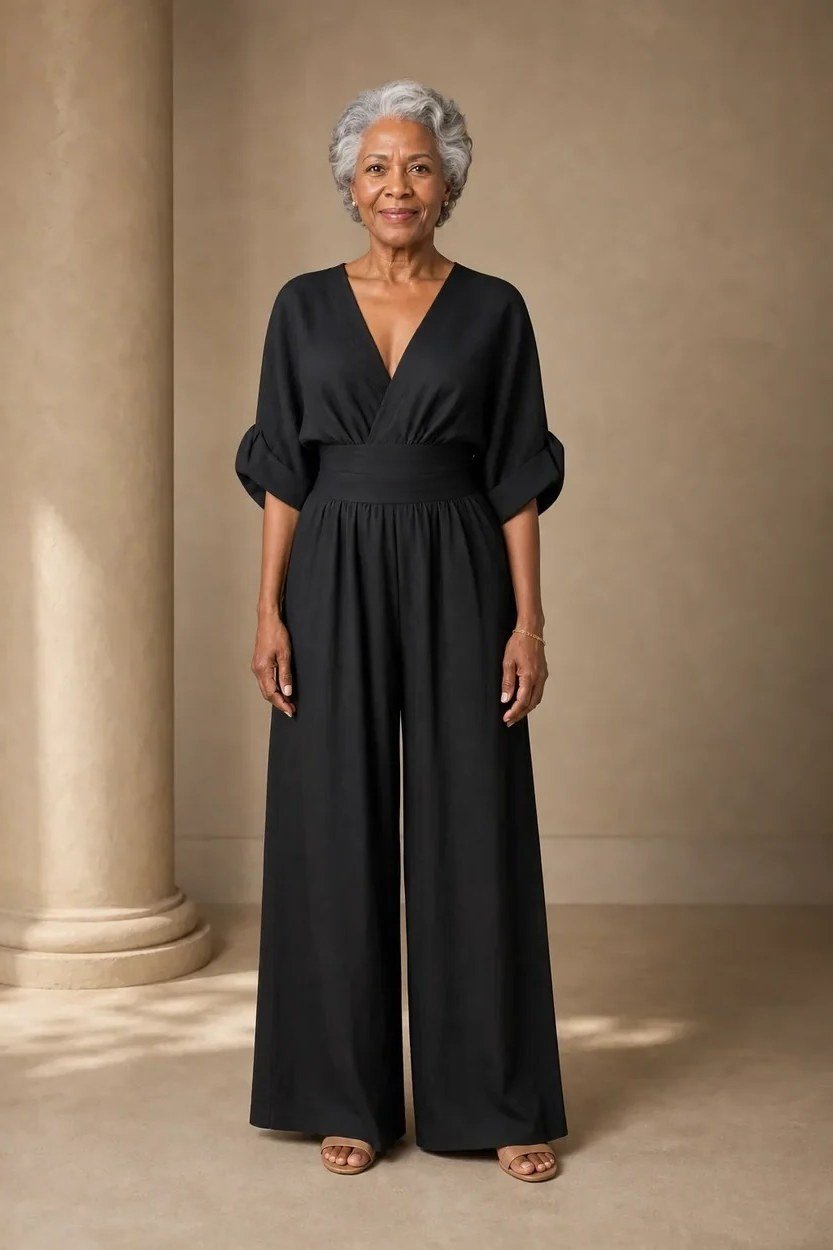 Gray-haired woman in black v-neck jumpsuit full body, classic New Year's Eve jumpsuit for women over 60
