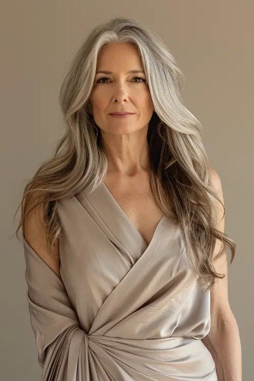 Gray-haired woman in champagne satin wrap dress portrait, refined New Year's Eve outfit for women over 60