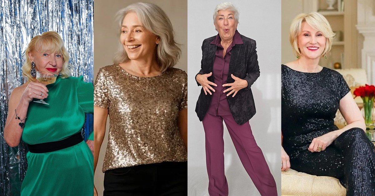 Collage of New Year's Eve outfits for women over 60