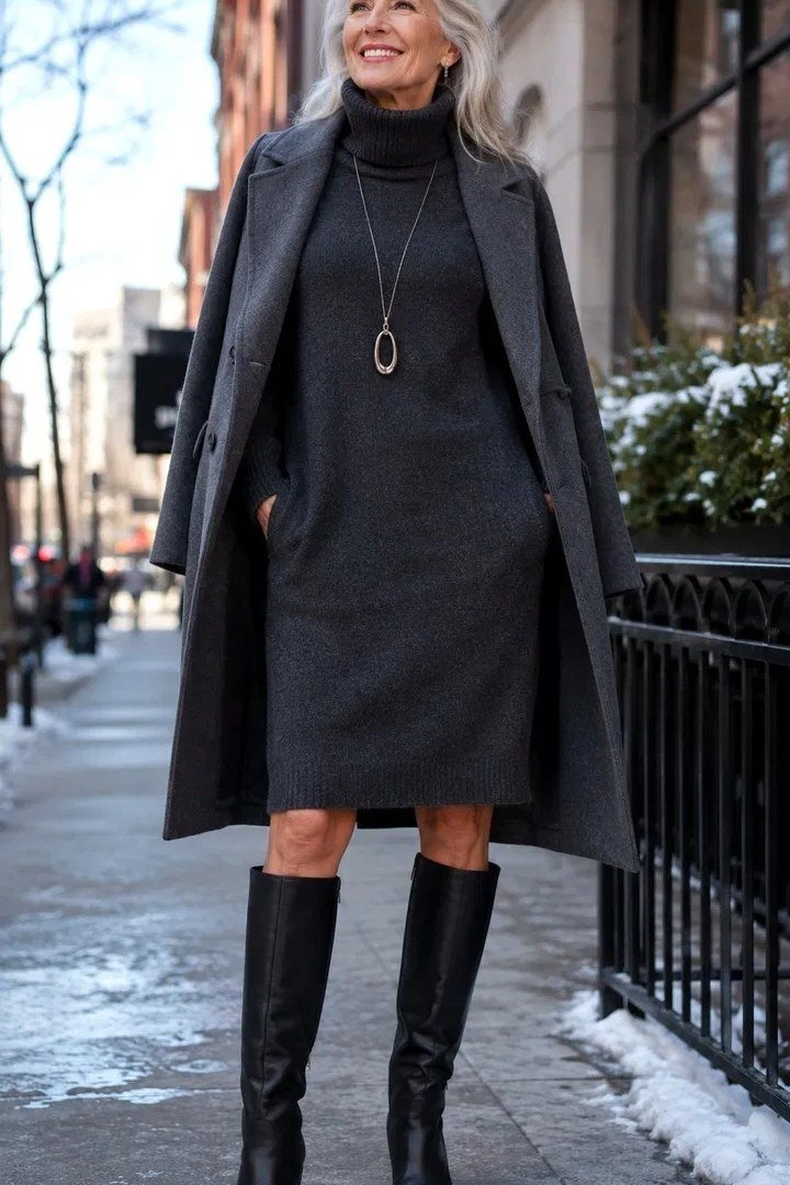 Gray wool coat over black turtleneck sweater dress with knee high boots, winter layering outfit for women over 60