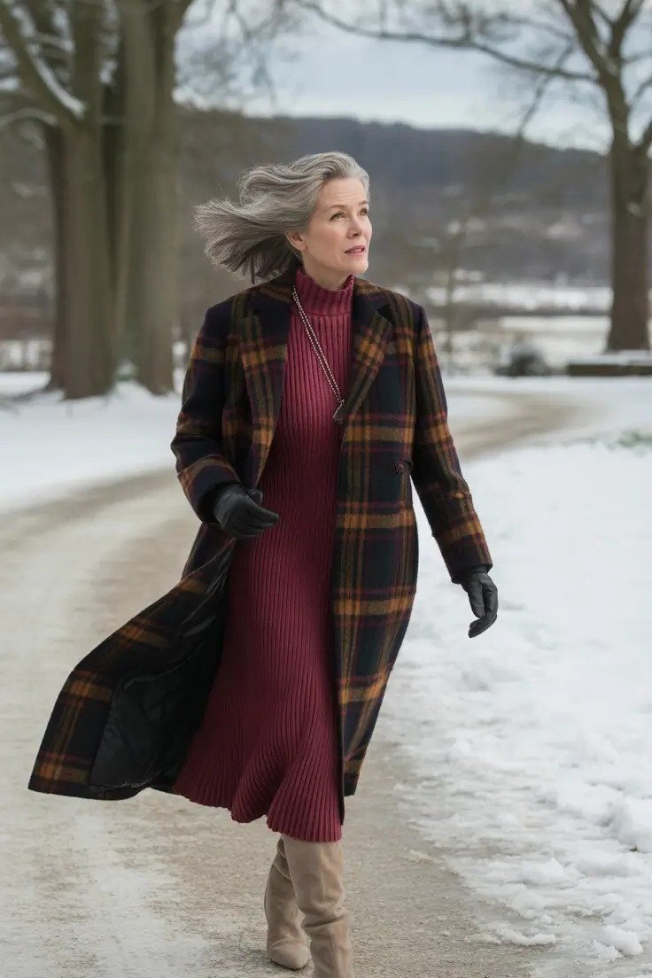 Brown plaid coat over burgundy ribbed knit midi dress with tan ankle boots, winter outfit for women over 60