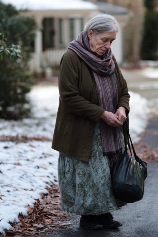 Olive green coat over long gray skirt with lilac scarf and black bag, artistic winter layering outfit for older women