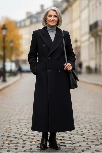 Black double breasted long coat over gray turtleneck and black trousers, minimal chic winter outfit for older women