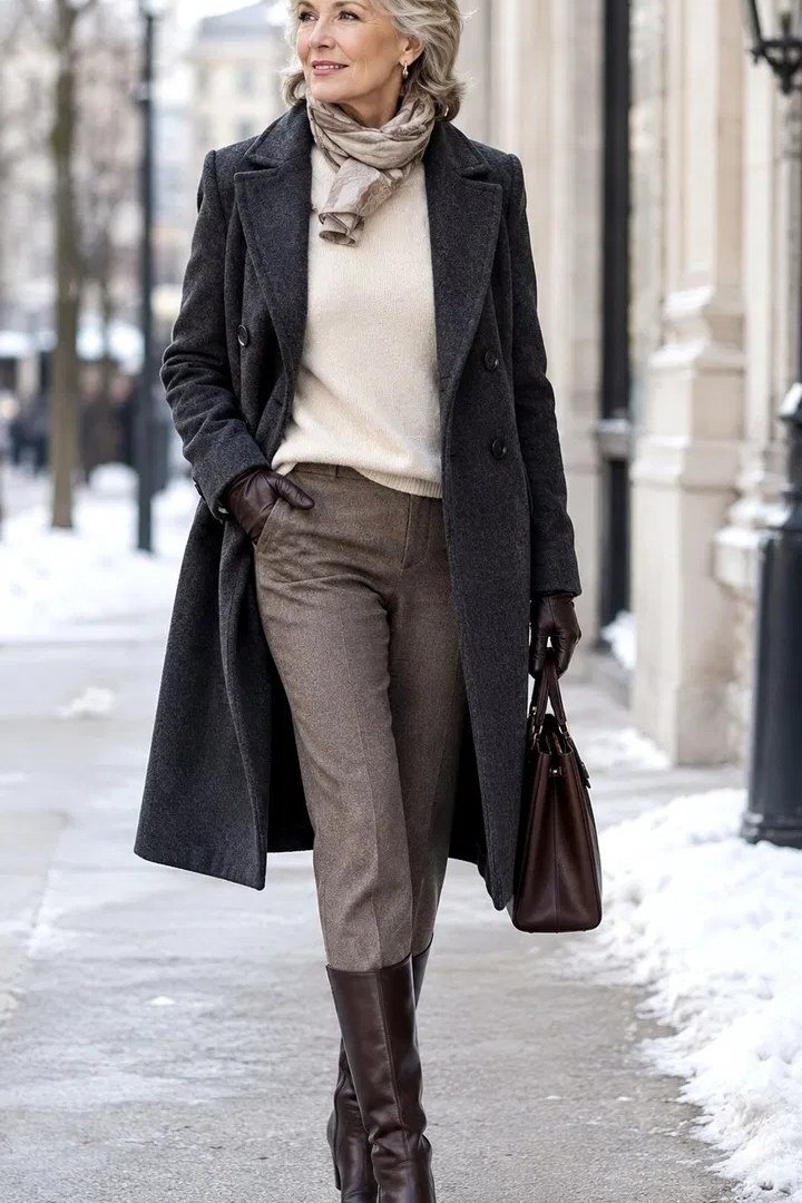 Charcoal wool coat over cream turtleneck with taupe trousers and brown boots, soft neutral winter outfit for women over 60