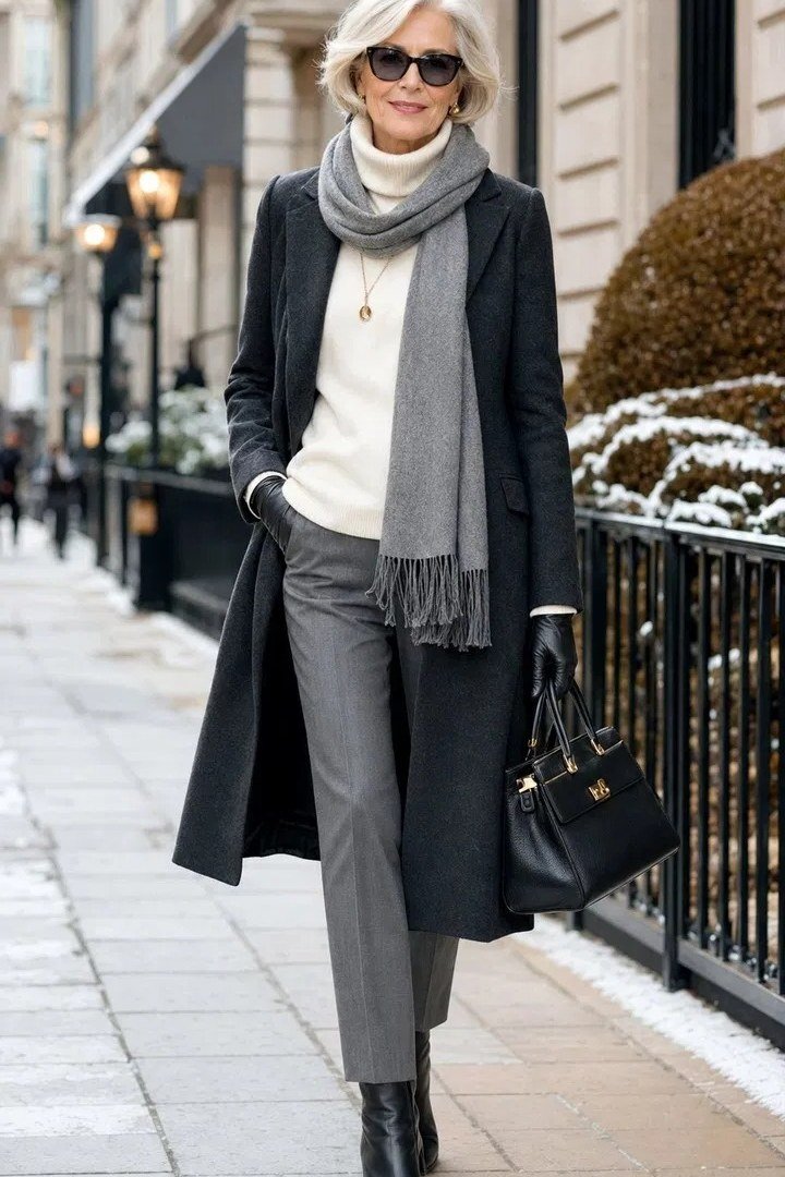 Charcoal coat over white sweater and gray trousers with long gray fringe scarf, tonal winter layering look for older women