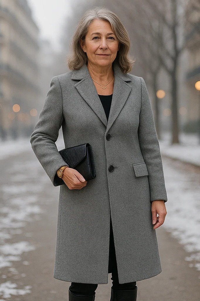Tailored gray wool coat over black knit top with black clutch, evening ready winter outfit for women over 60