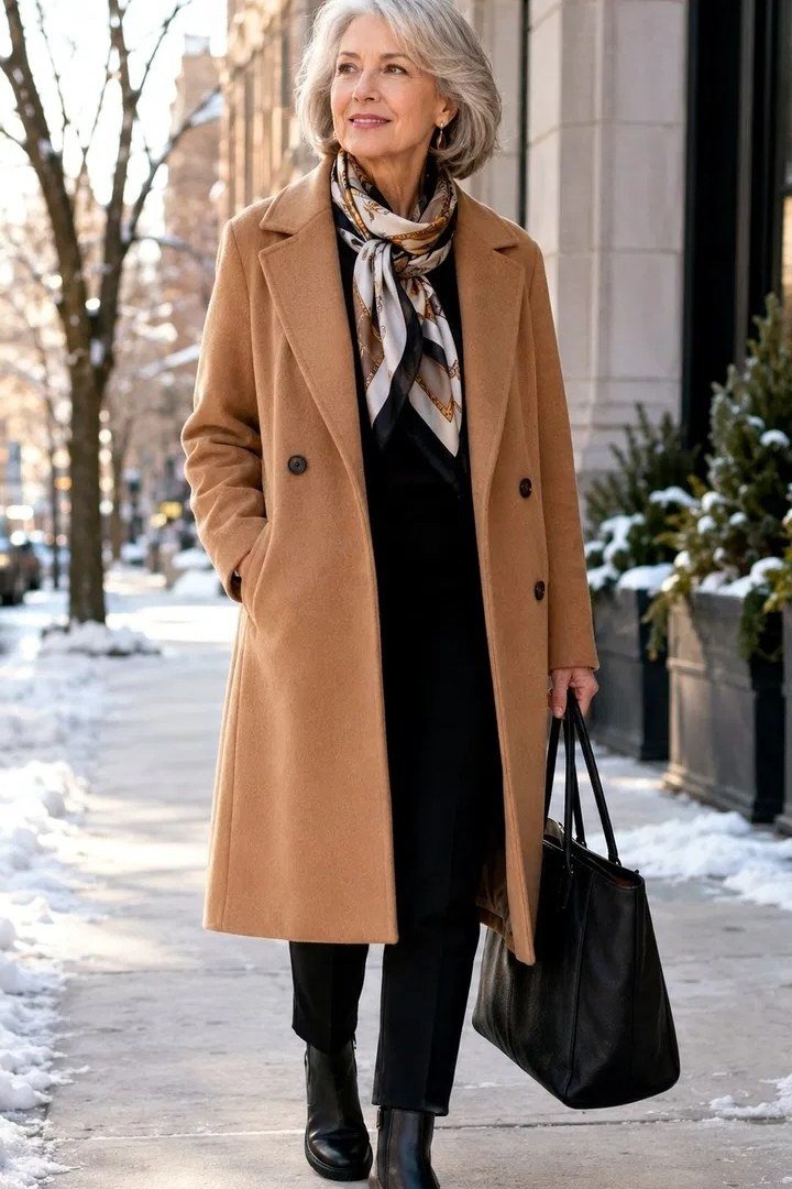 Camel double breasted coat over black top and trousers with patterned scarf, smart winter work outfit for older women