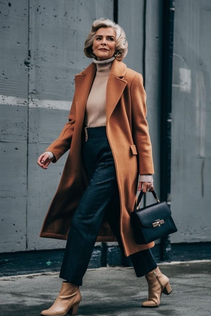 Rust wool coat over cream turtleneck with dark jeans and tan ankle boots, warm autumnal winter outfit for older women