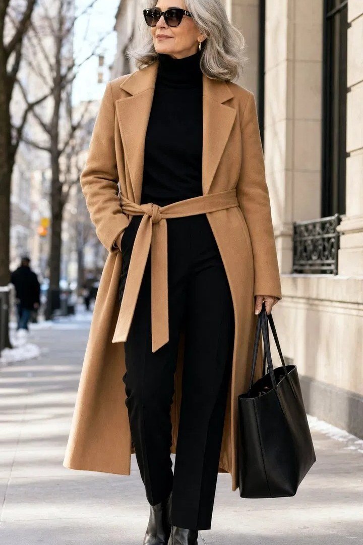 Belted camel coat over black turtleneck and wide black trousers, timeless tailored winter outfit for older women