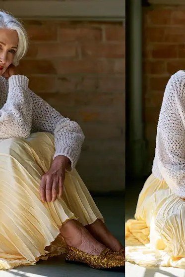Cream open knit sweater over pale yellow pleated midi skirt with gold flats, feminine winter outfit for women over 60