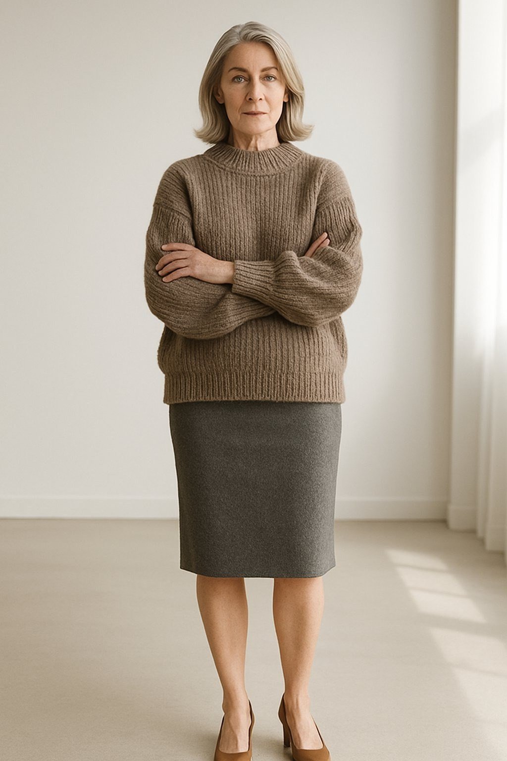 Camel crewneck sweater tucked into gray pencil skirt with nude heels, professional winter office outfit for older women