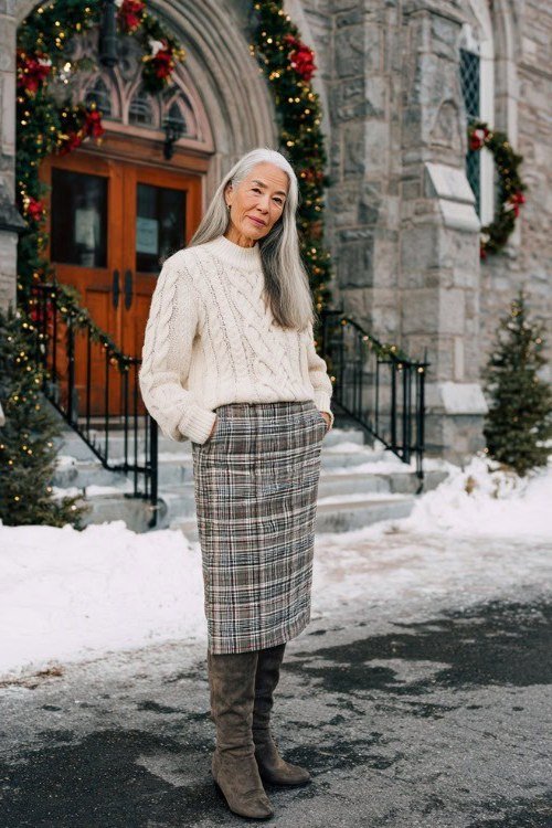 Cream cable knit sweater over gray plaid midi skirt with gray knee boots, classic preppy winter outfit for older women