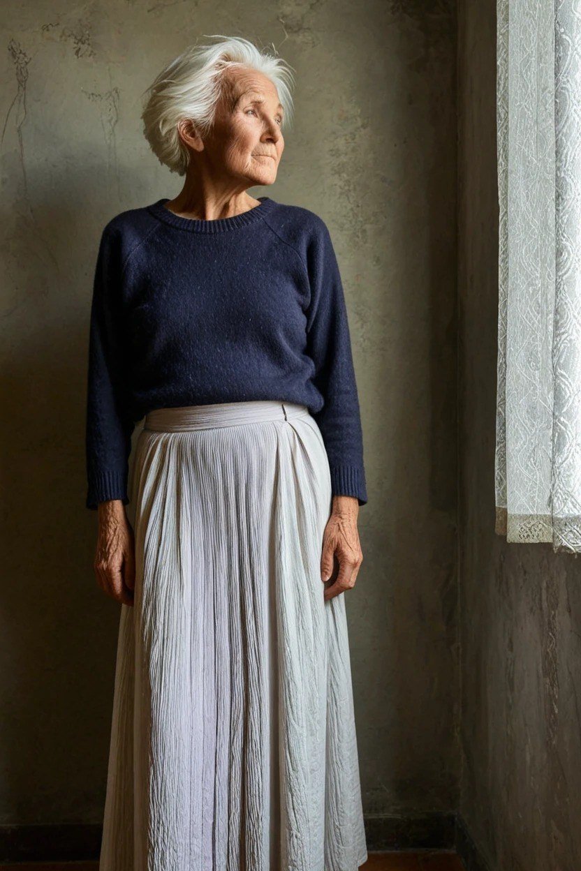Navy sweater with white pleated maxi skirt, crisp nautical inspired winter outfit for women over 60