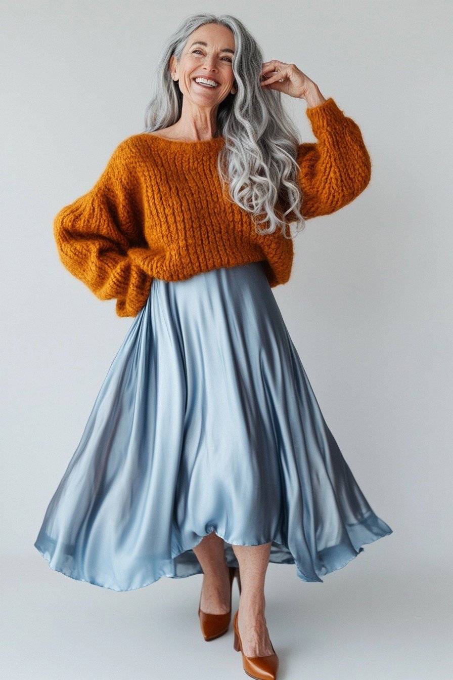 Rust orange chunky sweater with light blue satin midi skirt, artistic texture contrast winter outfit for women over 60