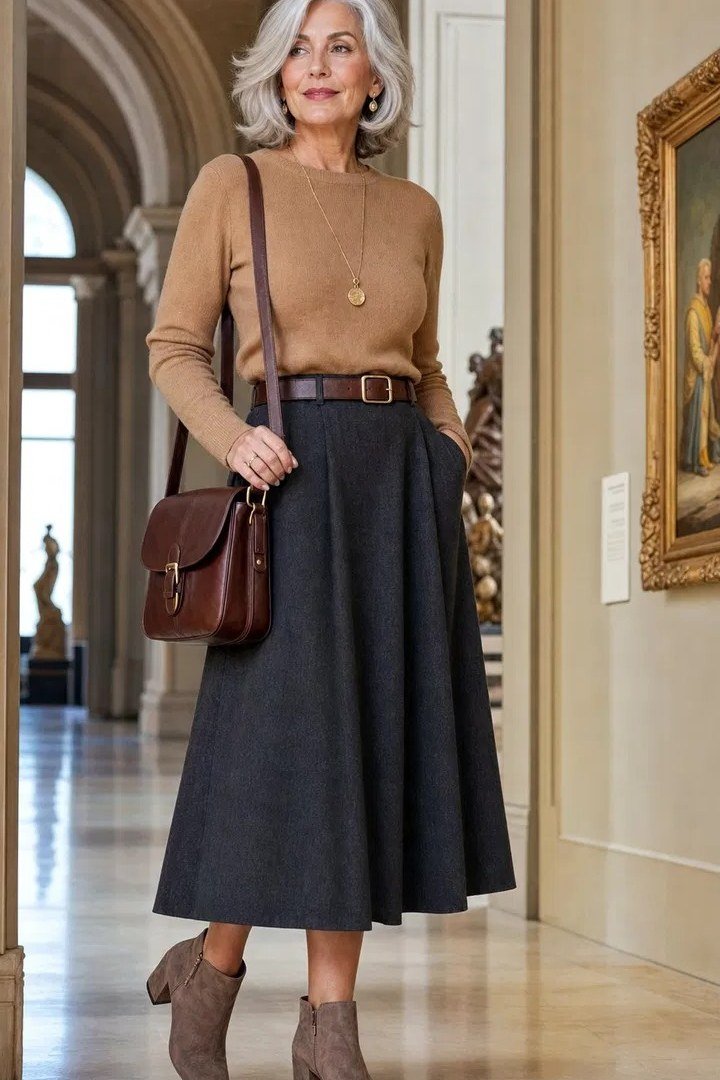 Camel turtleneck tucked into charcoal A line midi skirt with brown boots and bag, earthy winter outfit for women over 60