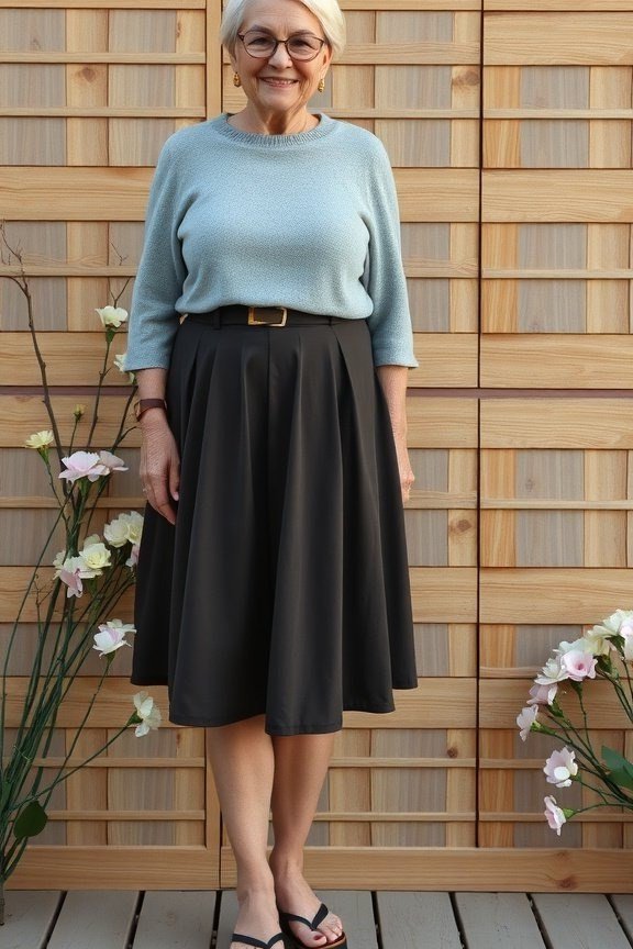 Pale blue sweater with black A line midi skirt and black belt, fresh office winter outfit for older women