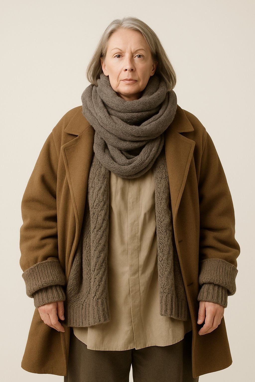 Camel wool coat over taupe turtleneck with thick camel knit scarf and olive trousers, warm scarf focused winter outfit for older women