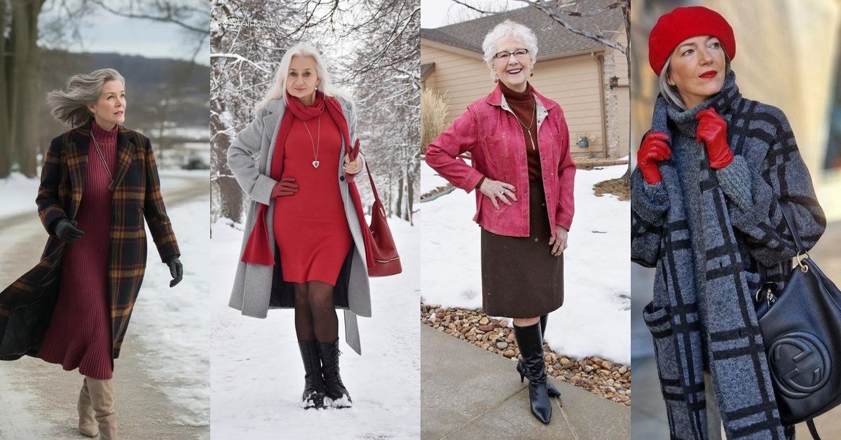 Collage of stylish winter layering outfits for women over 60, featuring plaid coats, red dresses and cozy knits