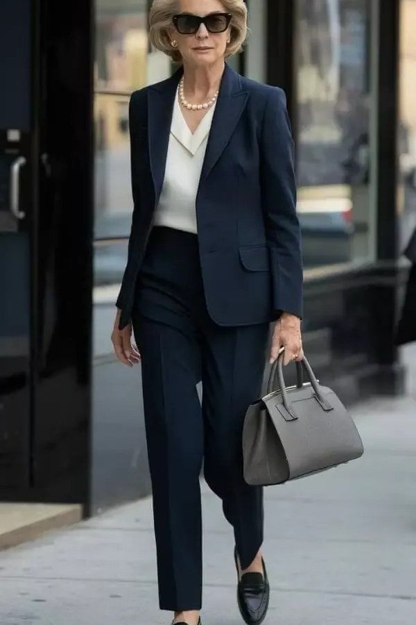 Woman over 70 in navy blazer, white top and black trousers walking with a gray handbag