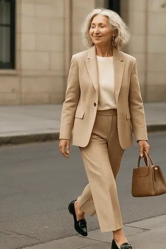 Woman in camel blazer and matching trousers walking on a street with a tan bag