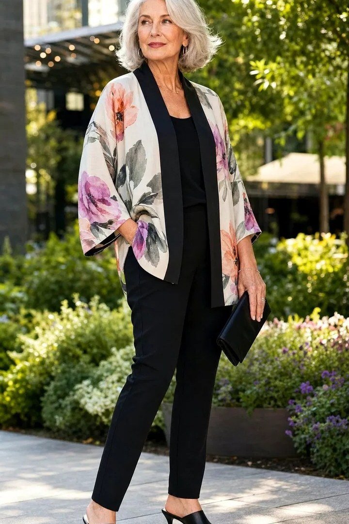 Woman in floral kimono jacket, black top and black trousers in a garden