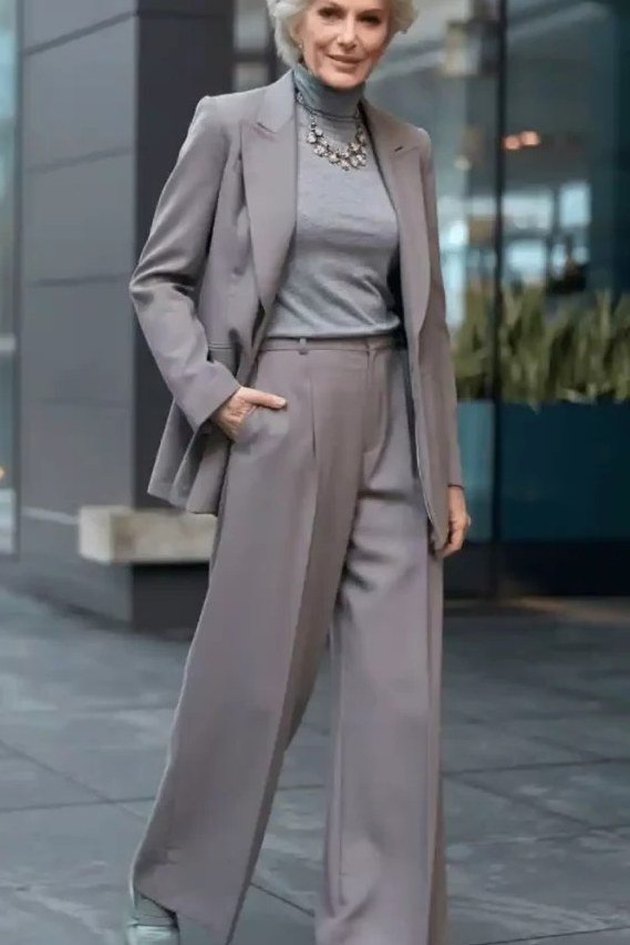 Woman in taupe turtleneck with matching taupe wide-leg trousers in an office