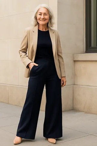 Older woman in camel blazer, black top and navy wide-leg trousers by a stone wall