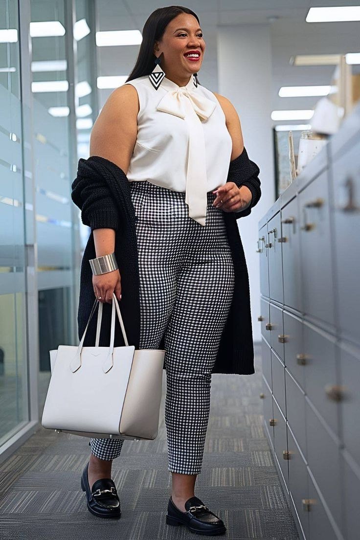Smiling woman in white bow blouse, houndstooth trousers with black blazer over shoulders in an office corridor