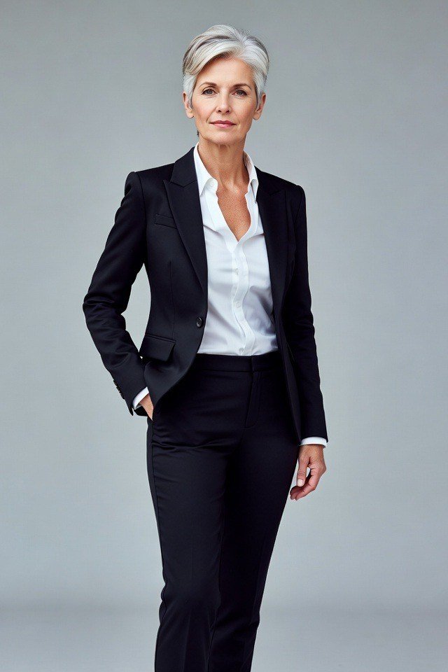 Woman with gray pixie cut in black blazer, white shirt and black trousers
