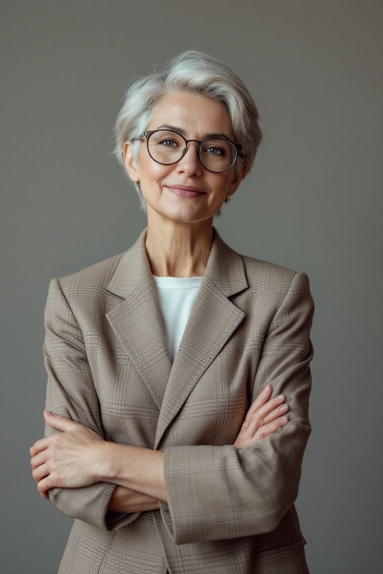 Older woman in taupe blazer and white top with arms crossed
