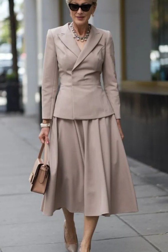 Woman in taupe blazer and taupe pleated midi skirt on a city street