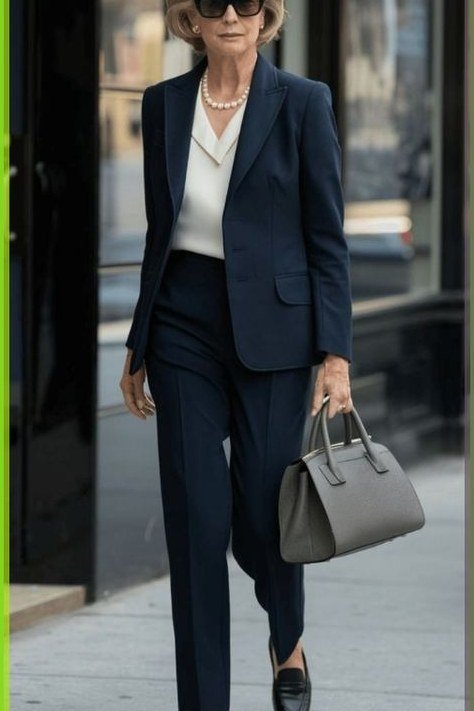 Woman in navy blazer, white blouse and navy trousers walking on a city street