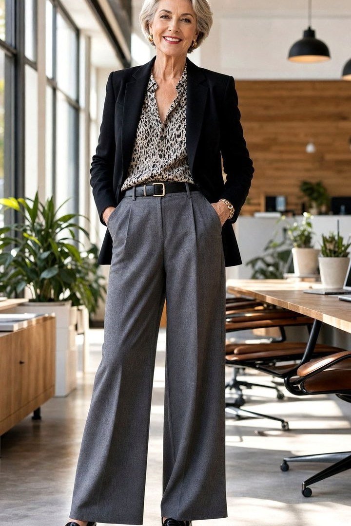 Older woman in black blazer, patterned blouse and gray wide-leg trousers in an office