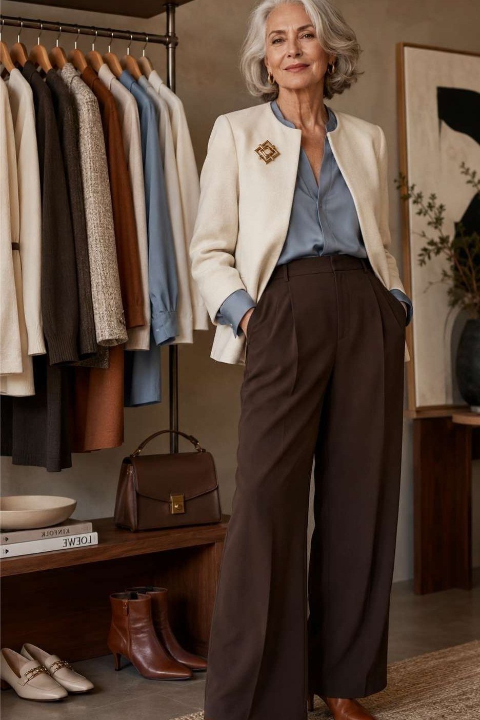 Woman in cream blazer, light blue shirt and brown wide-leg trousers in a closet