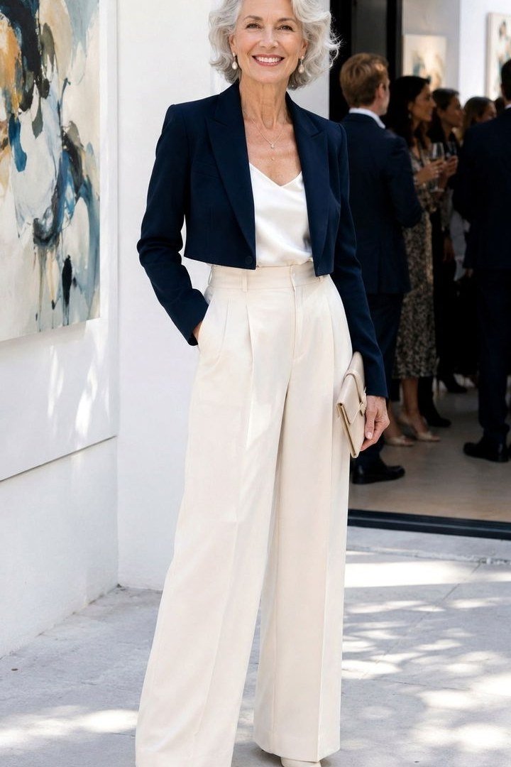 Woman in navy blazer, white top and white palazzo trousers at a gallery event