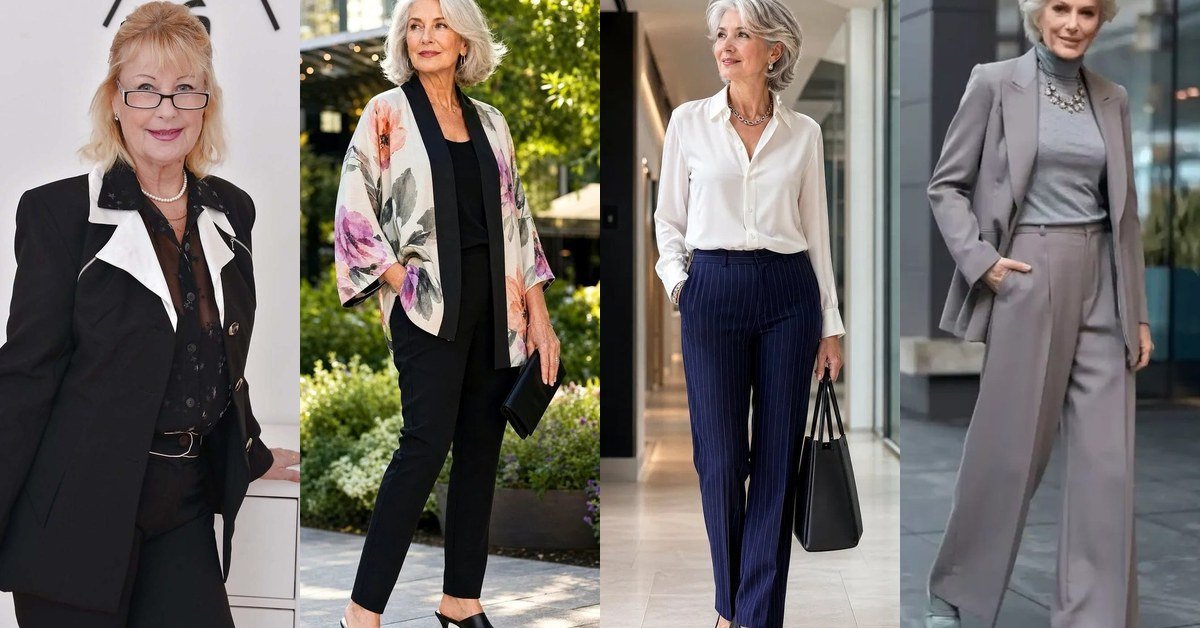 Collage of work outfits for women over 70: blazers, suits and work dresses