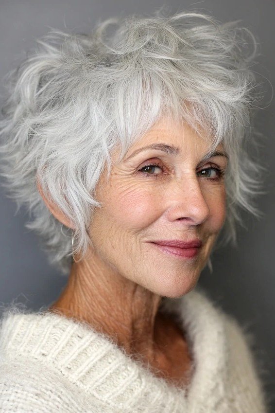 Short wolf cut for women over 60 - white curly wolf, soft volume, front view, white sweater