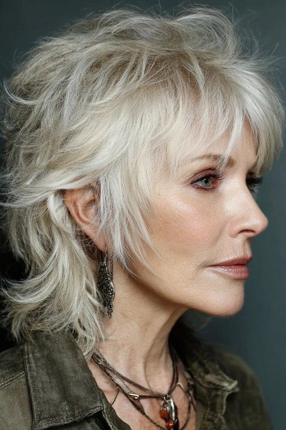 Short wolf cut for women over 60 - gray shaggy wolf, piecey layers, side view, green jacket