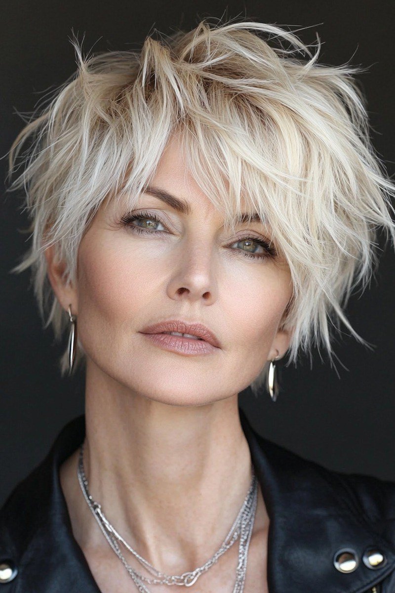 Short wolf cut for women over 60 - blonde choppy wolf, leather jacket, layered necklaces, front view