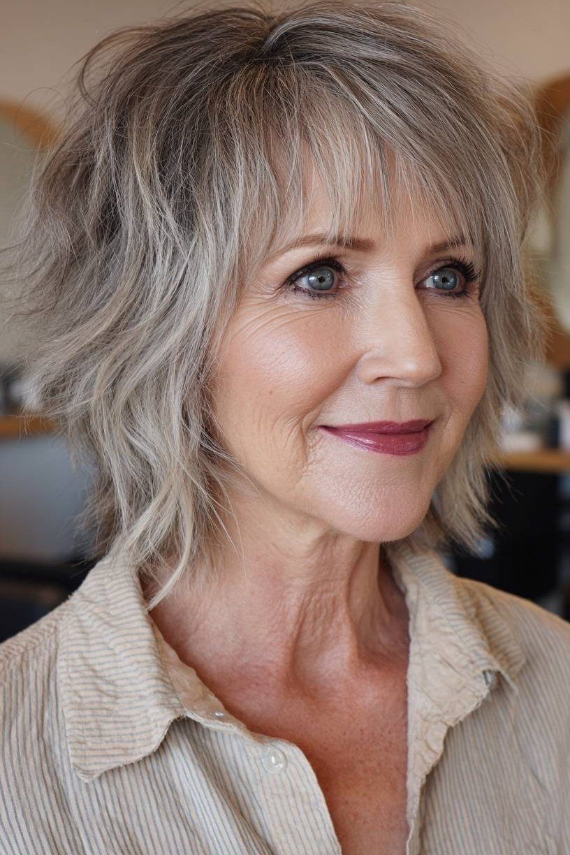 Short wolf cut for women over 60 - white wispy wolf with fringe, striped shirt, front view