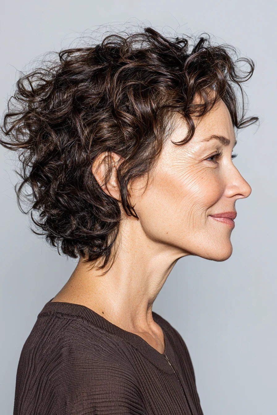 Short wolf cut for women over 60 - dark curly wolf bob, rich brunette, brown top, side view
