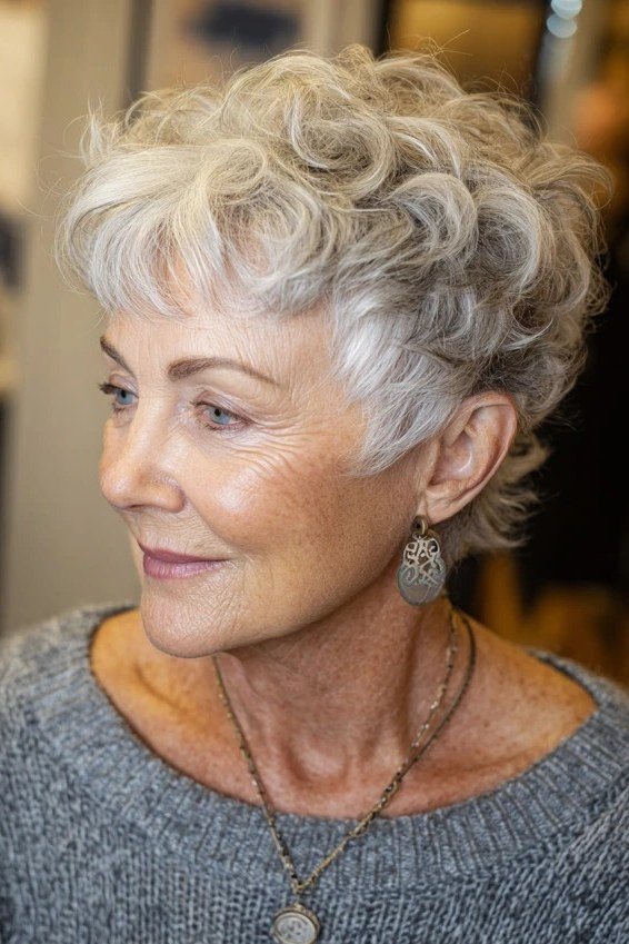 Short wolf cut for women over 60 - silver curly pixie-wolf, gray sweater, side view